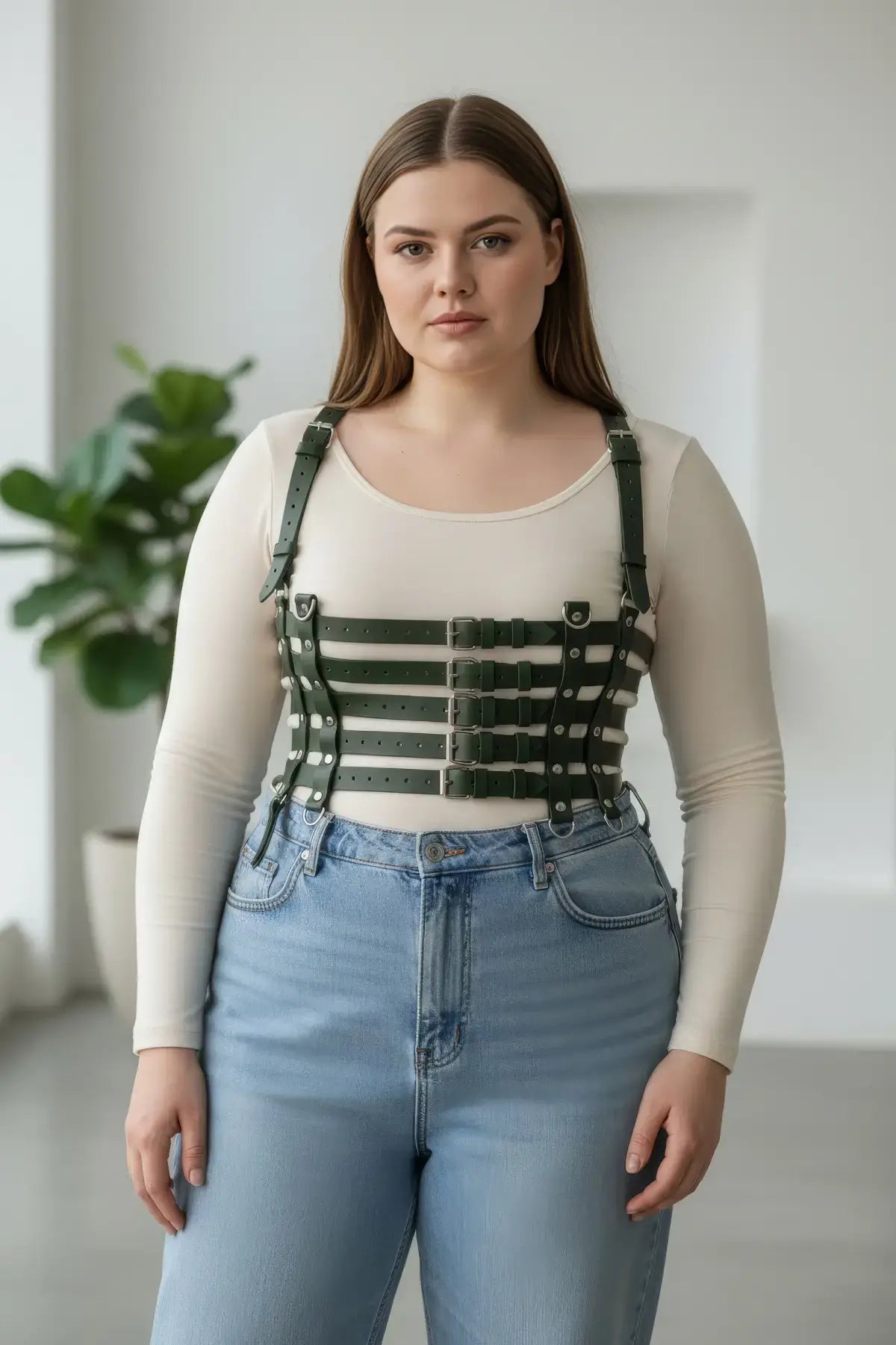 Plus-size khaki vegan-leather cage suspender corset harness by HarnessClub with multiple horizontal straps on torso
