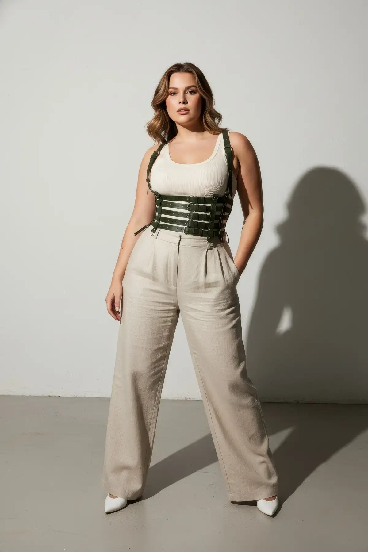 Plus-Size khaki vegan-leather cage suspender corset harness by HarnessClub, full-torso body accessory.