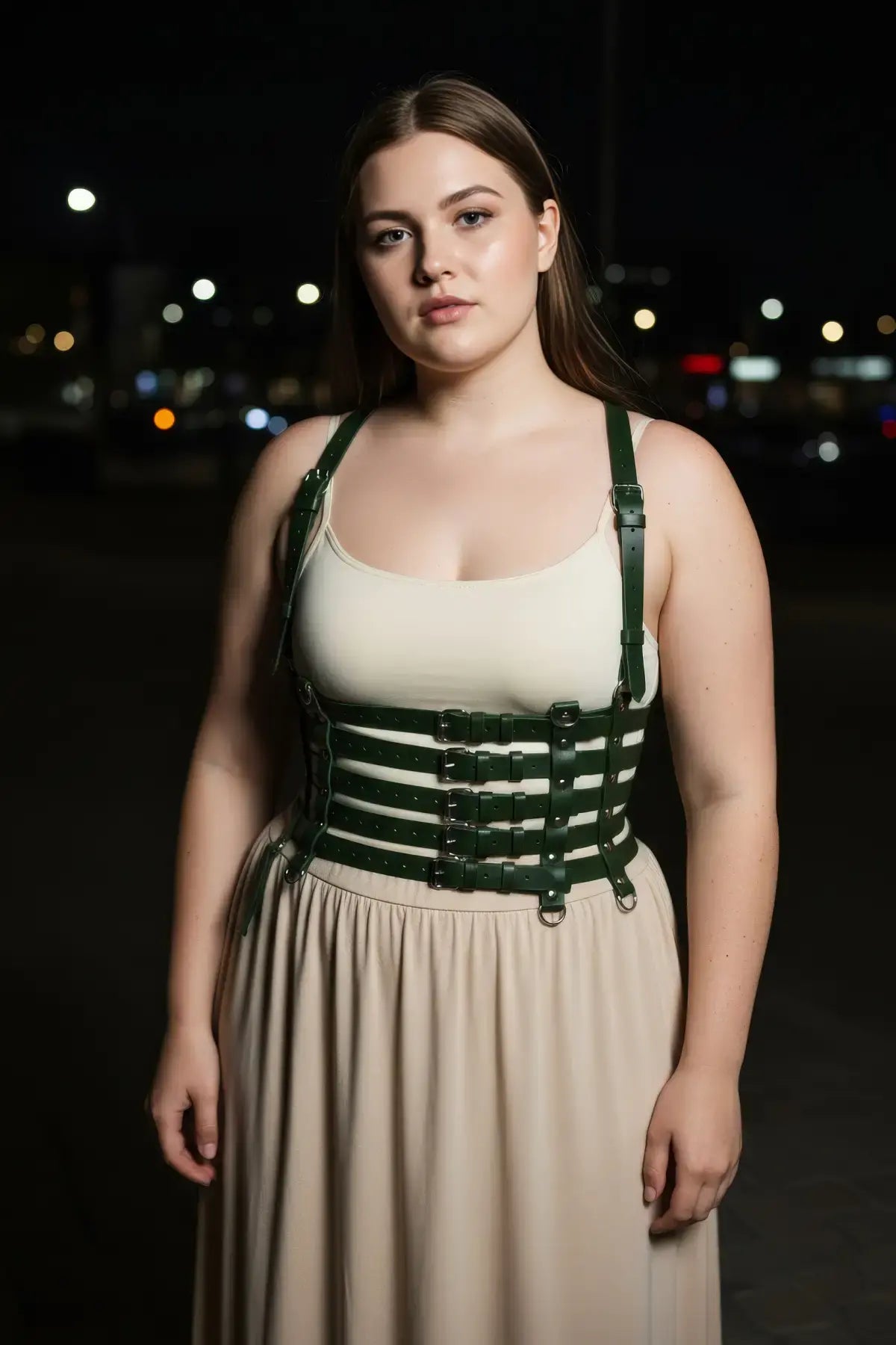 Plus size khaki cage suspender corset harness in olive vegan leather for full-torso body accessory