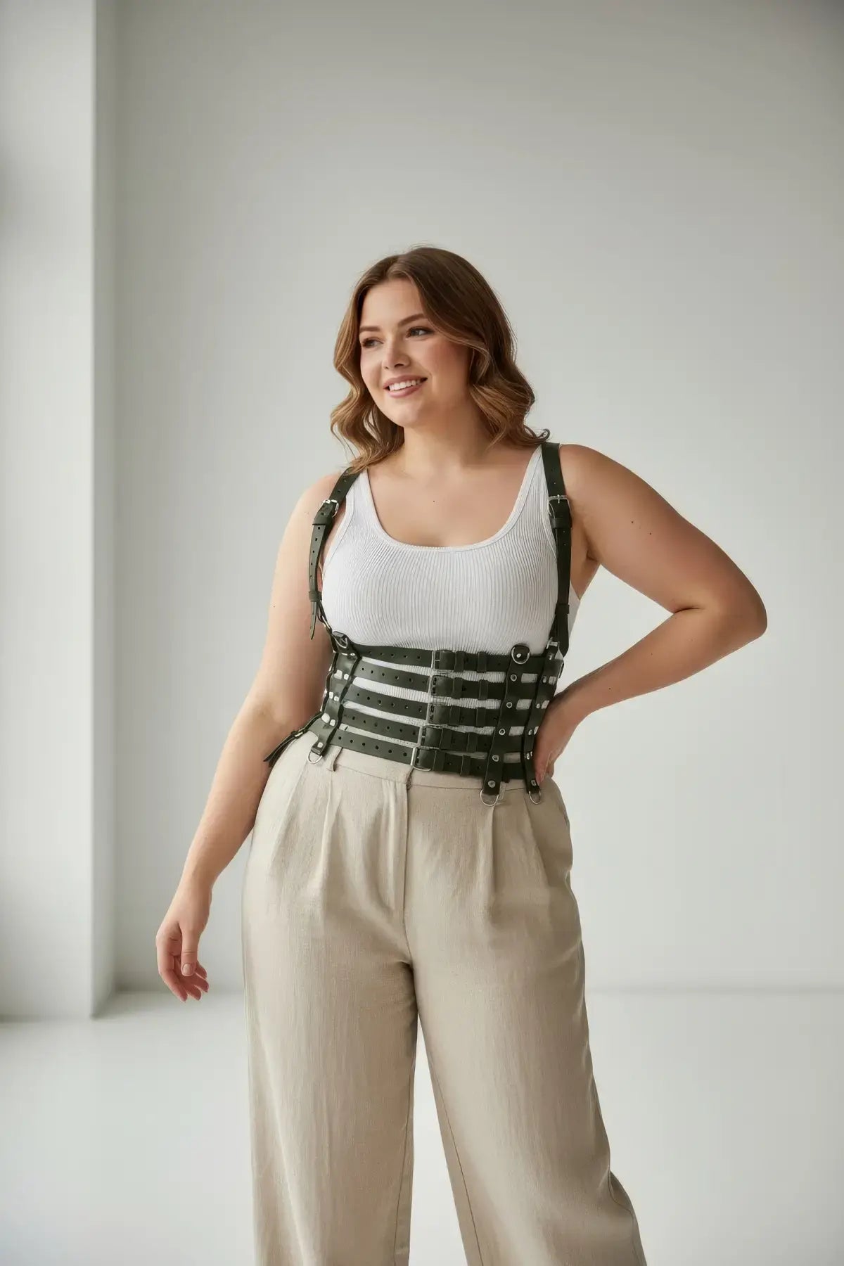 Plus-size khaki cage suspender corset harness by HarnessClub; vegan leather full-torso body accessory.