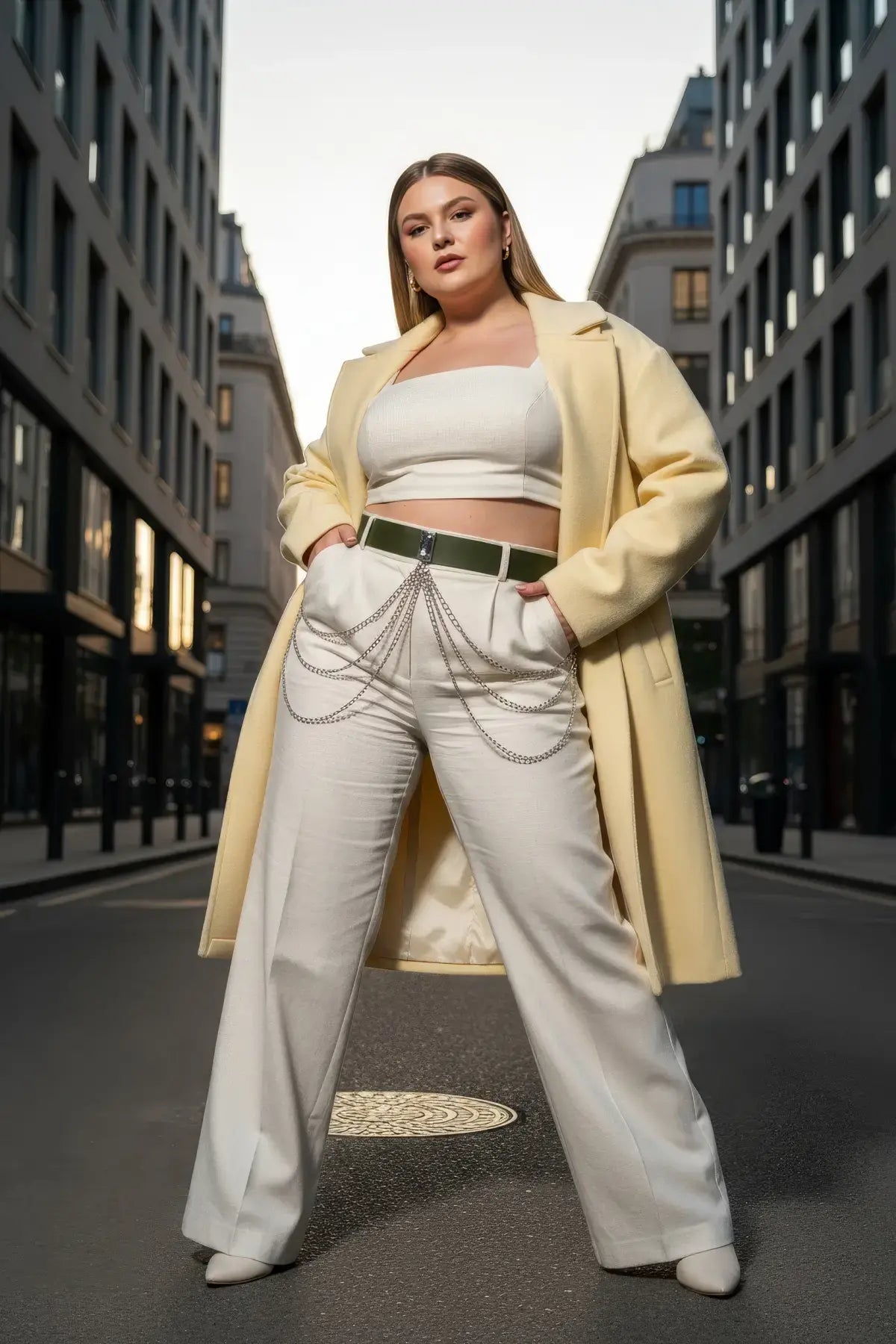 Plus Size Khaki Chain-Detail Leather Belt by HarnessClub, with a silver chain drape.