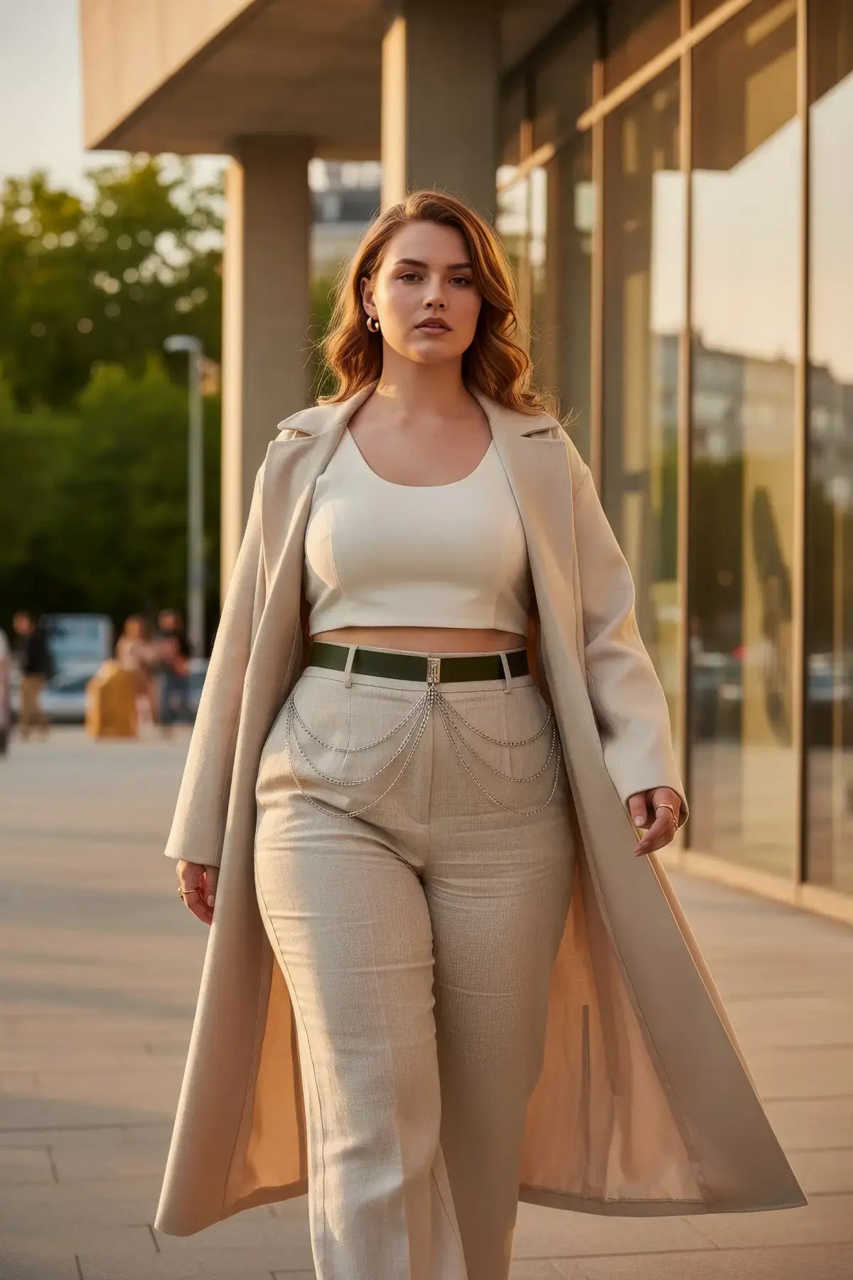 HarnessClub Plus Size khaki chain-detail leather belt worn with beige trousers