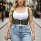 Plus-size khaki corset harness with shoulder straps by HarnessClub, lace-up front worn over a white tank top.
