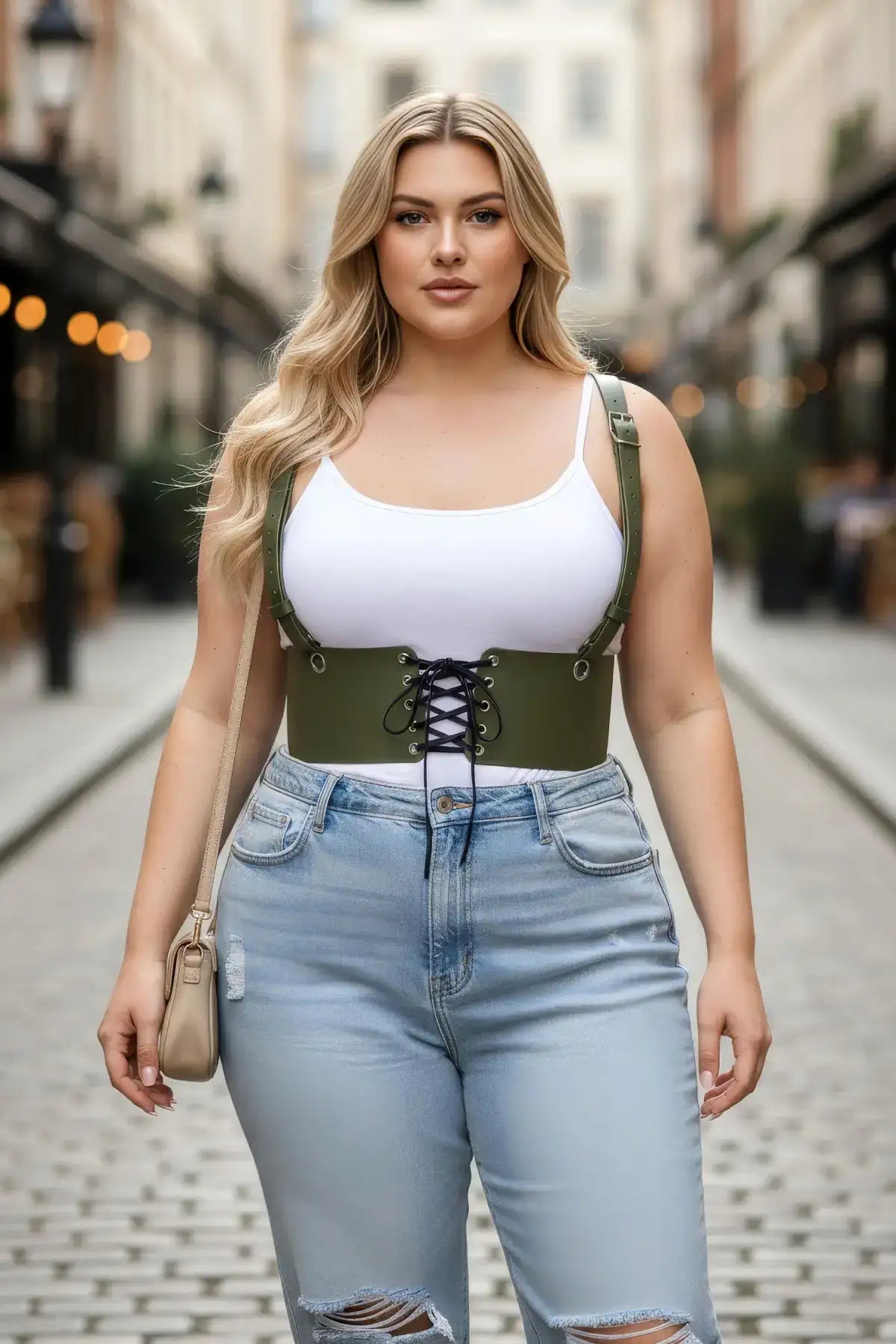 Plus-size khaki corset harness with shoulder straps by HarnessClub, lace-up front worn over a white tank top.