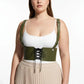 Plus-size khaki corset harness with shoulder straps and lace-up front by HarnessClub