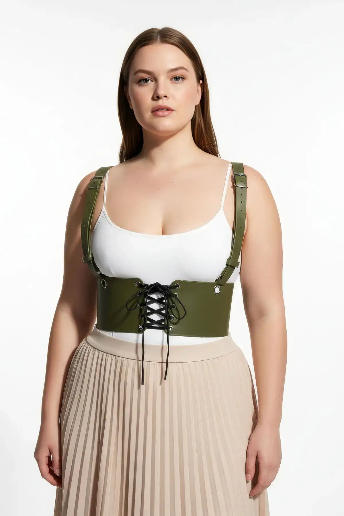 Plus-size khaki corset harness with shoulder straps and lace-up front by HarnessClub