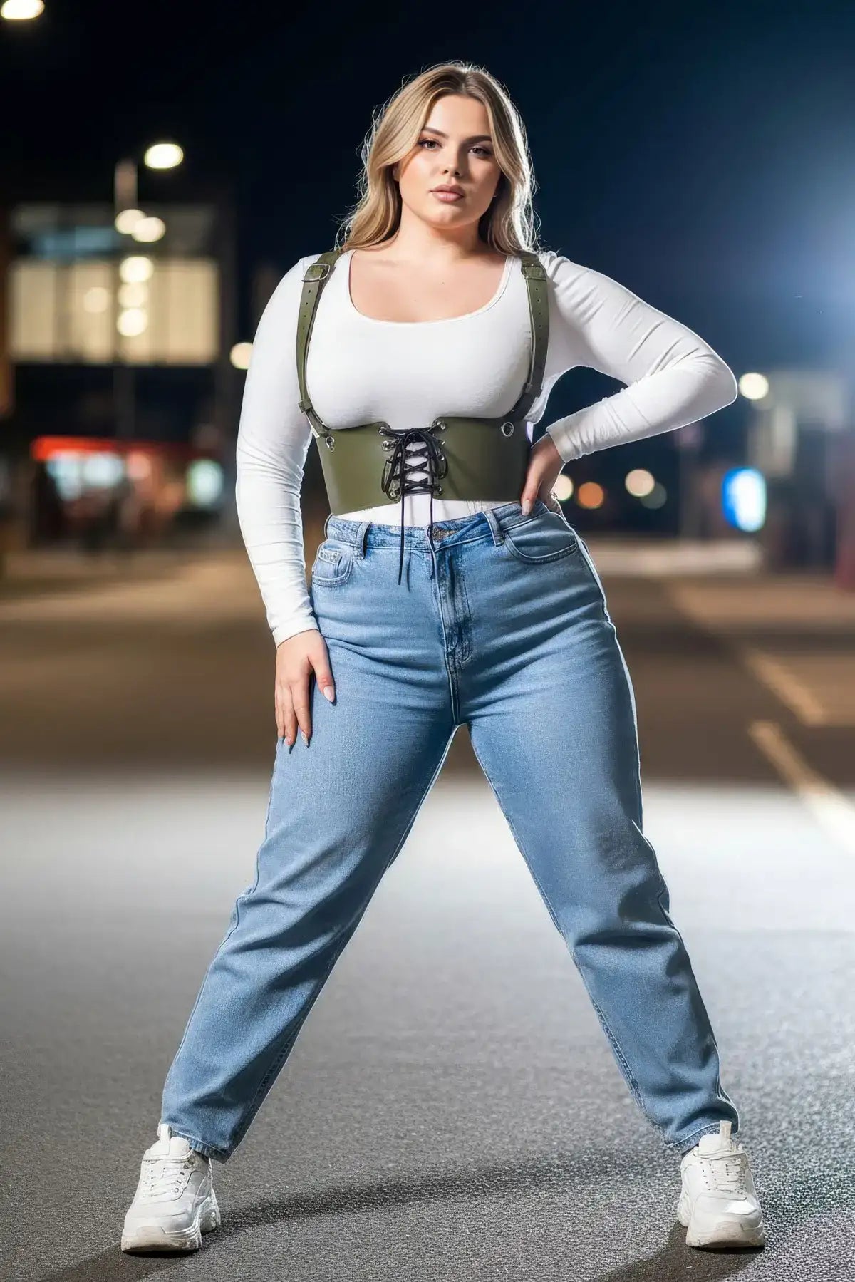 Plus-size khaki corset harness with shoulder straps and lace-up front, worn over a white top with blue jeans.