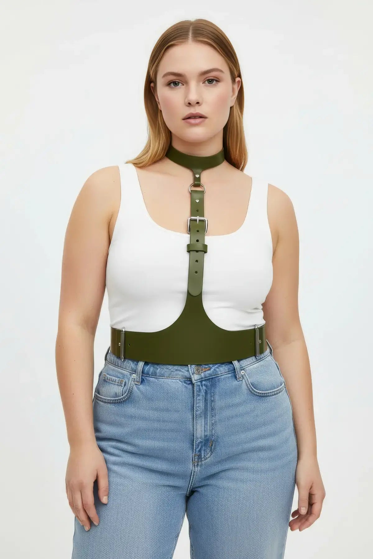 Plus Size Khaki Leather Corset-Look Body Harness with neck collar by HarnessClub