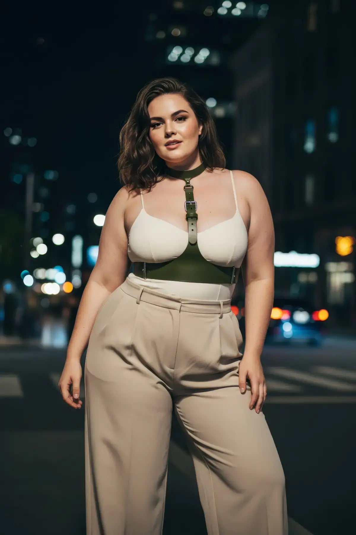 Plus-size khaki leather corset-look body harness worn over a cream top with beige trousers