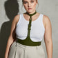 Plus Size Khaki Leather Corset-Look Body Harness worn over a white tank top