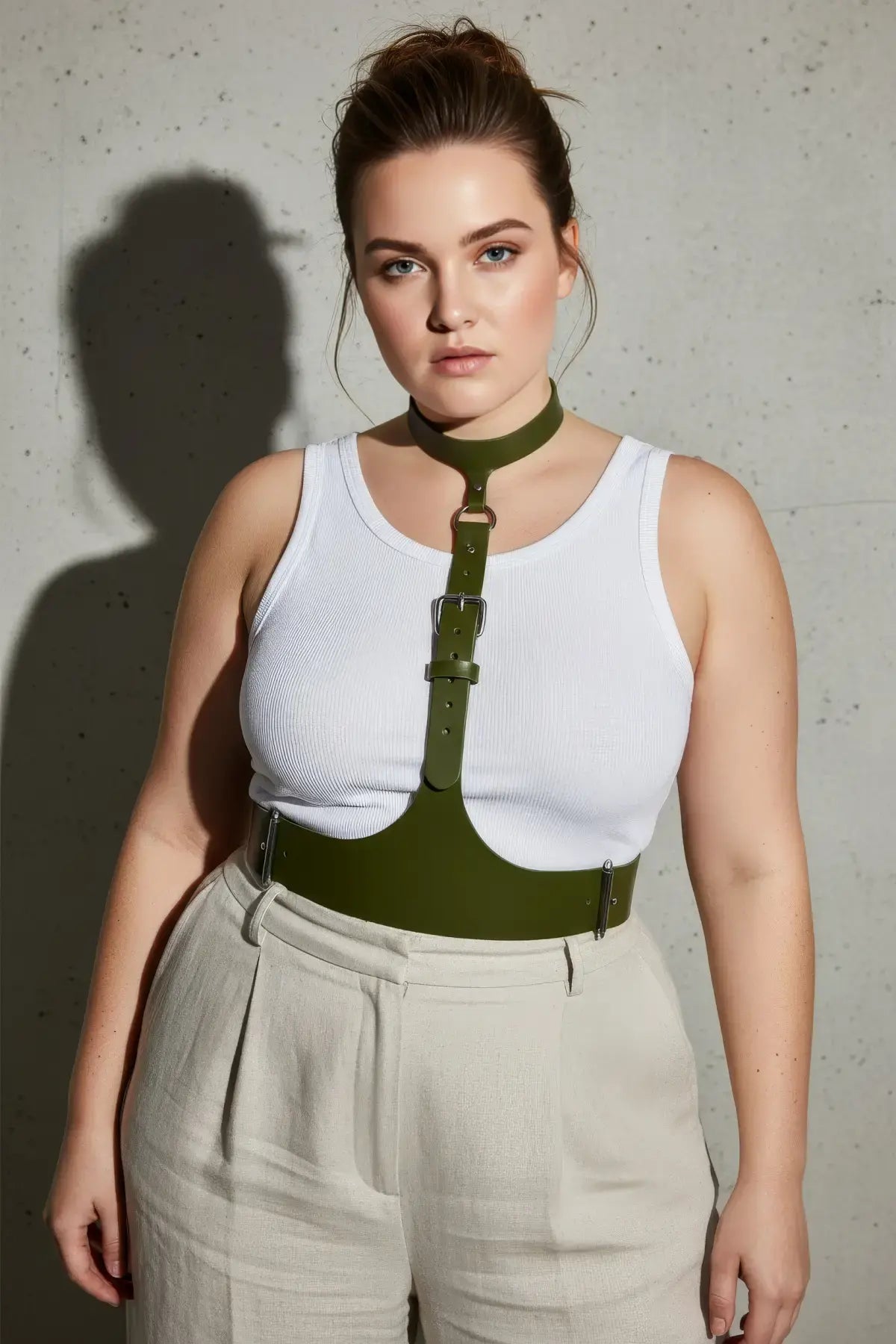 Plus Size Khaki Leather Corset-Look Body Harness worn over a white tank top