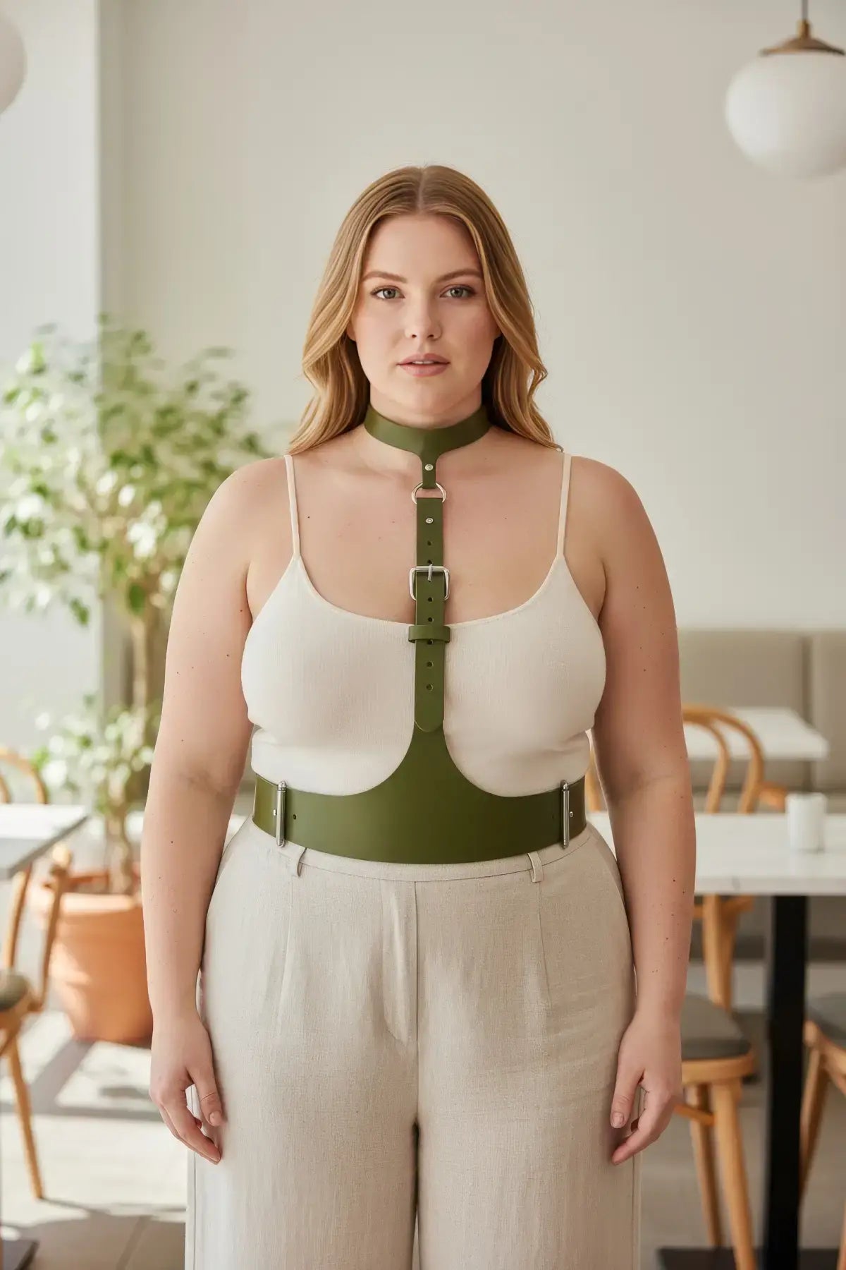 Plus Size Khaki Corset-Look Leather Body Harness by HarnessClub