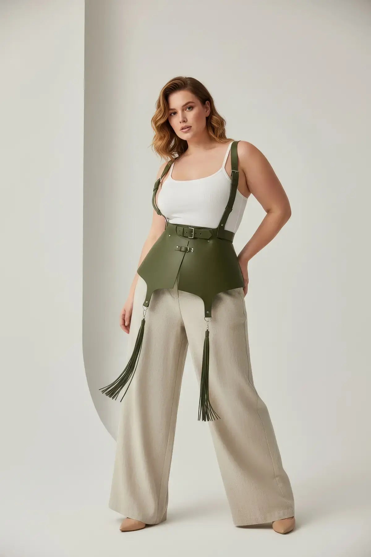 Plus-size khaki vegan leather corset suspender harness with tassels by HarnessClub