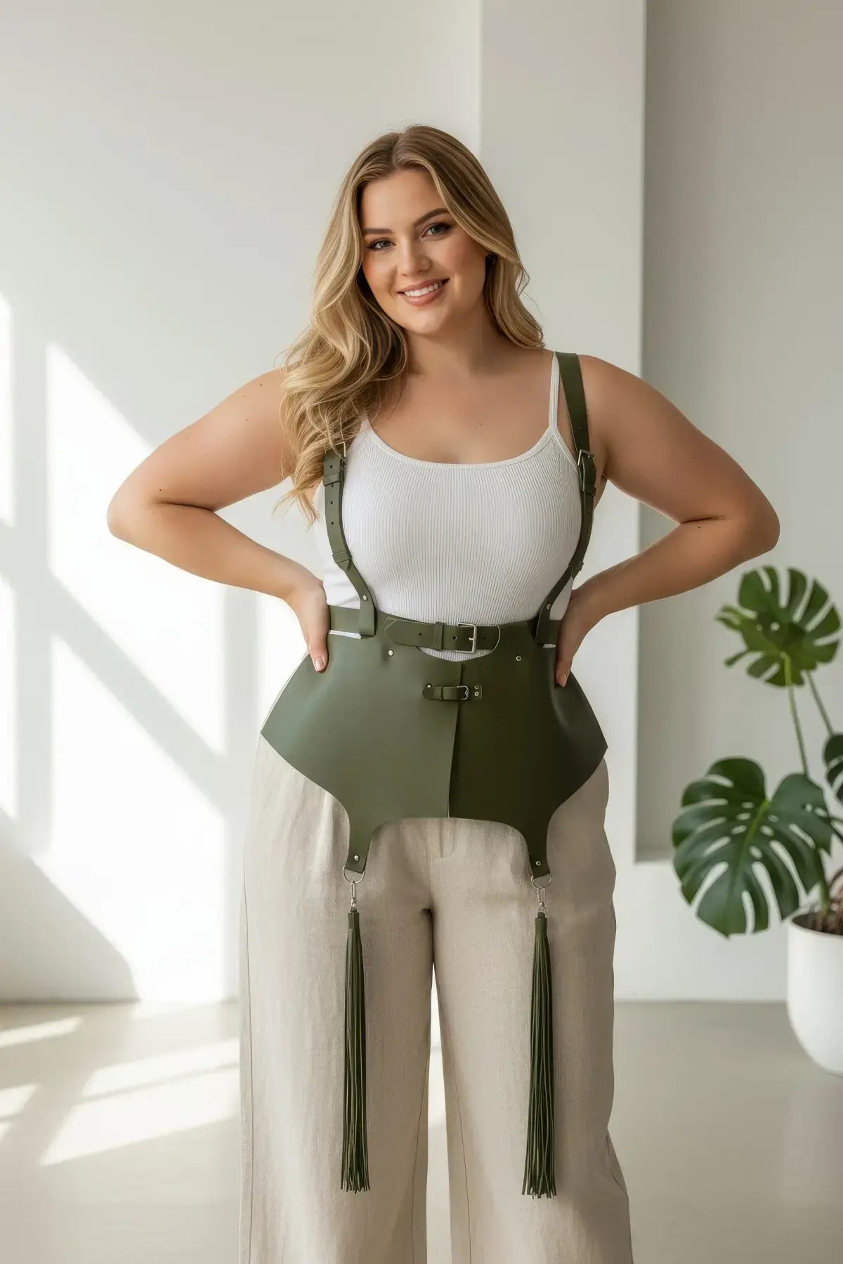 Plus Size Khaki vegan leather corset suspender harness with tassels and buckle details