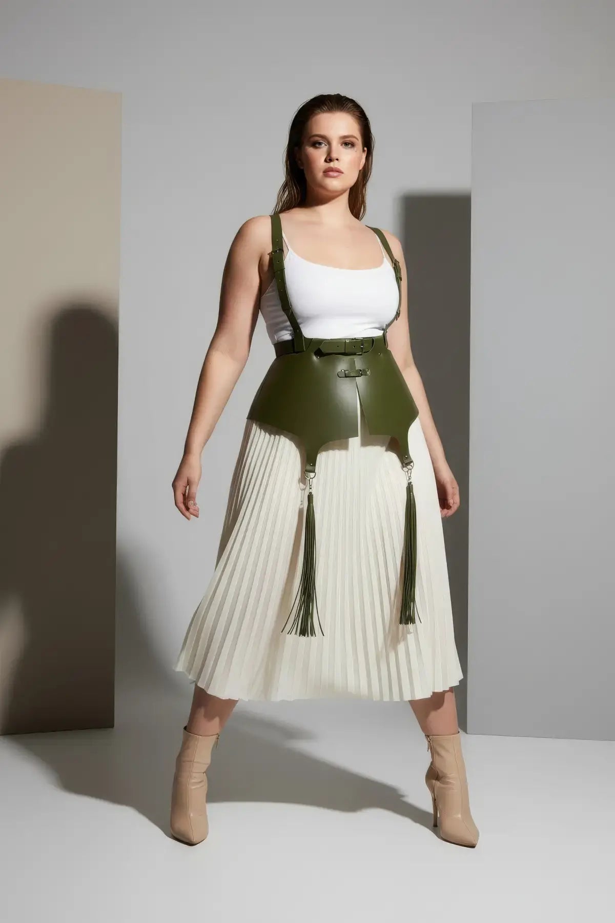 Plus-Size khaki vegan-leather corset suspender harness with tassels by HarnessClub