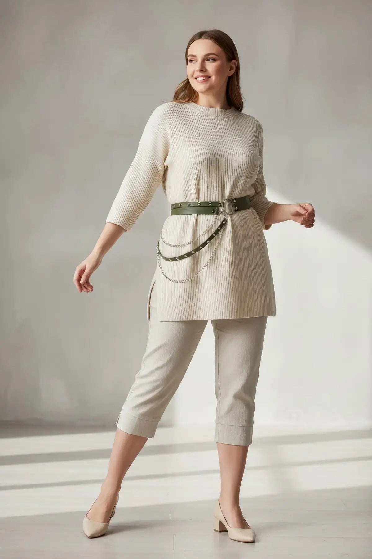 HarnessClub plus-size khaki vegan-leather double-layer waist belt with silver chain accents.