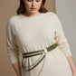Plus Size Khaki vegan leather double-layer chain waist belt by HarnessClub, worn over a cream sweater dress.