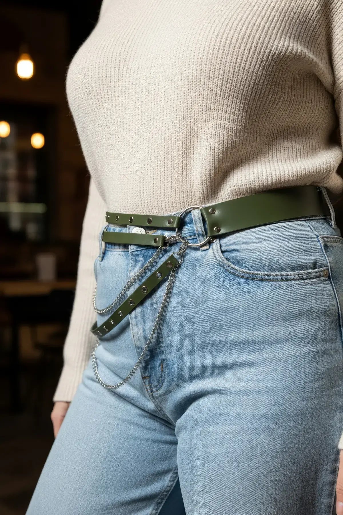 Plus Size Khaki vegan leather double-layer waist belt with chain by HarnessClub