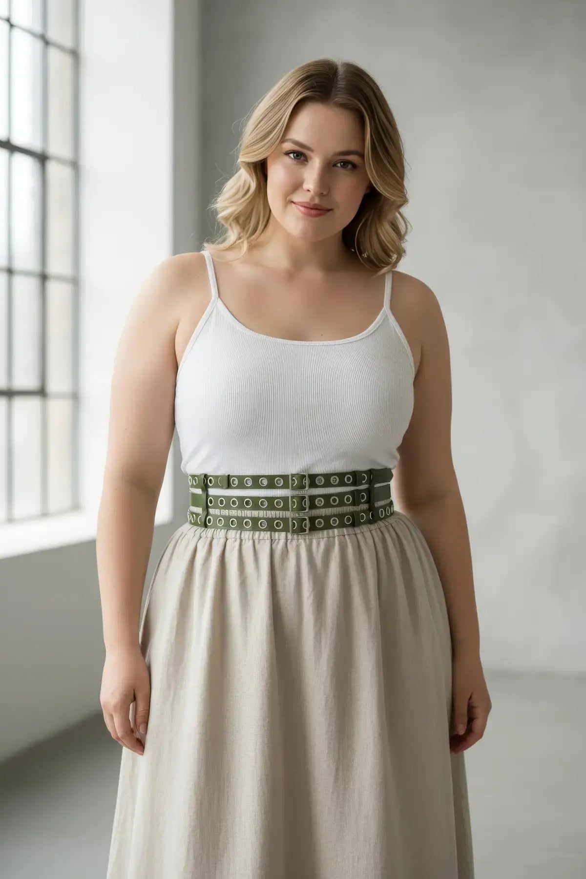 HarnessClub plus-size khaki vegan leather double-row grommet waist belt