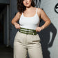 Plus Size khaki vegan-leather double-row grommet wide belt by HarnessClub, shown as three stacked belts at model's waist