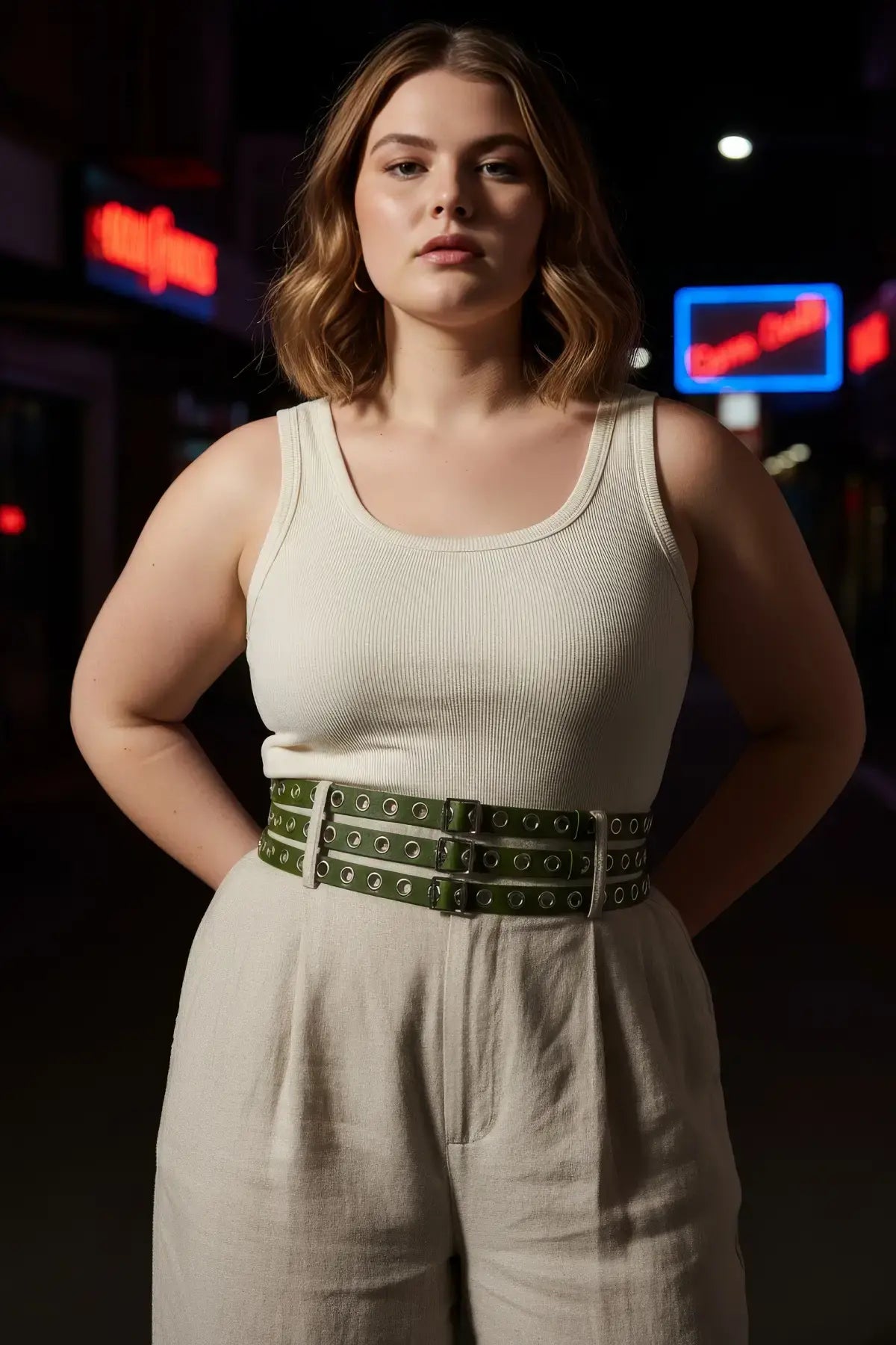 Plus-size khaki vegan-leather wide belt with two-row grommets worn with a cream dress HarnessClub