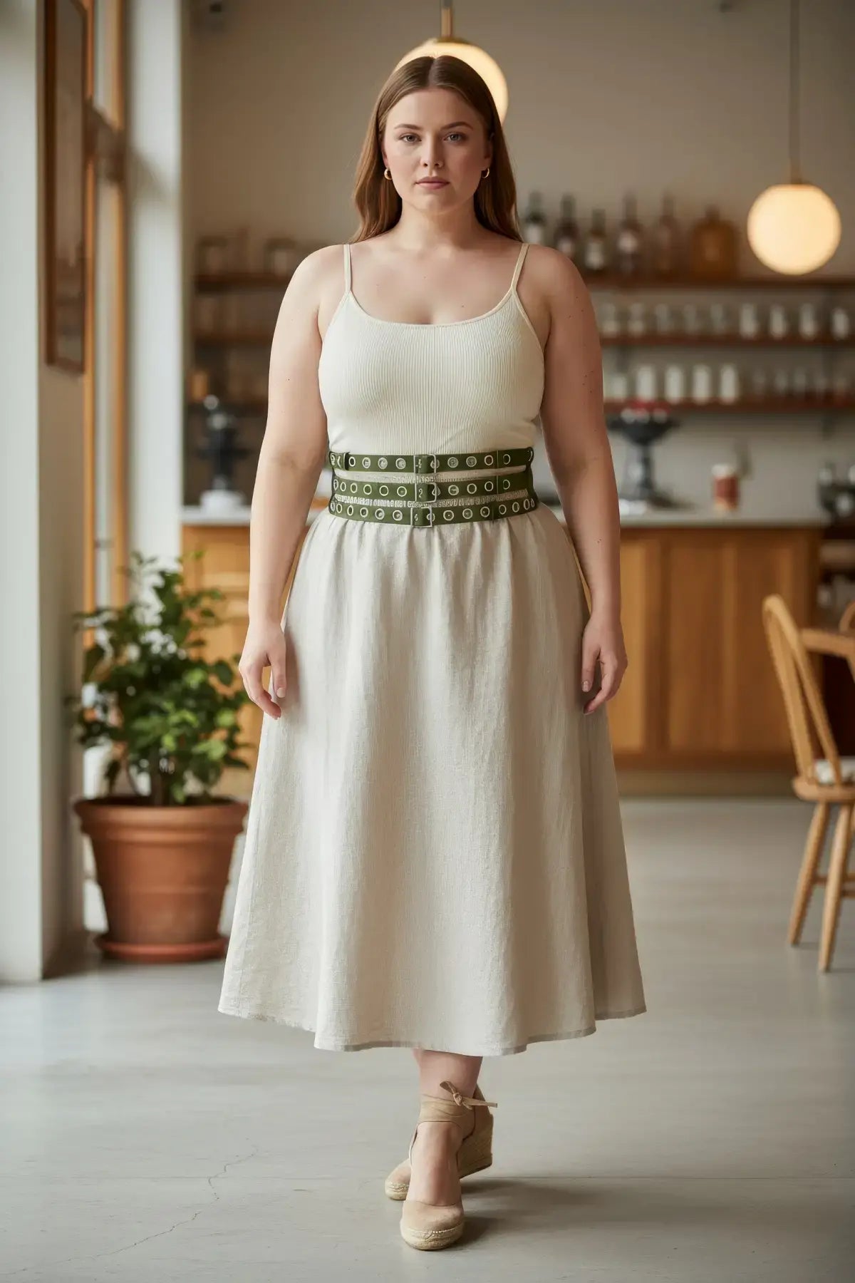 HarnessClub plus-size khaki vegan-leather double-row grommet wide belt; three stacked at the waist