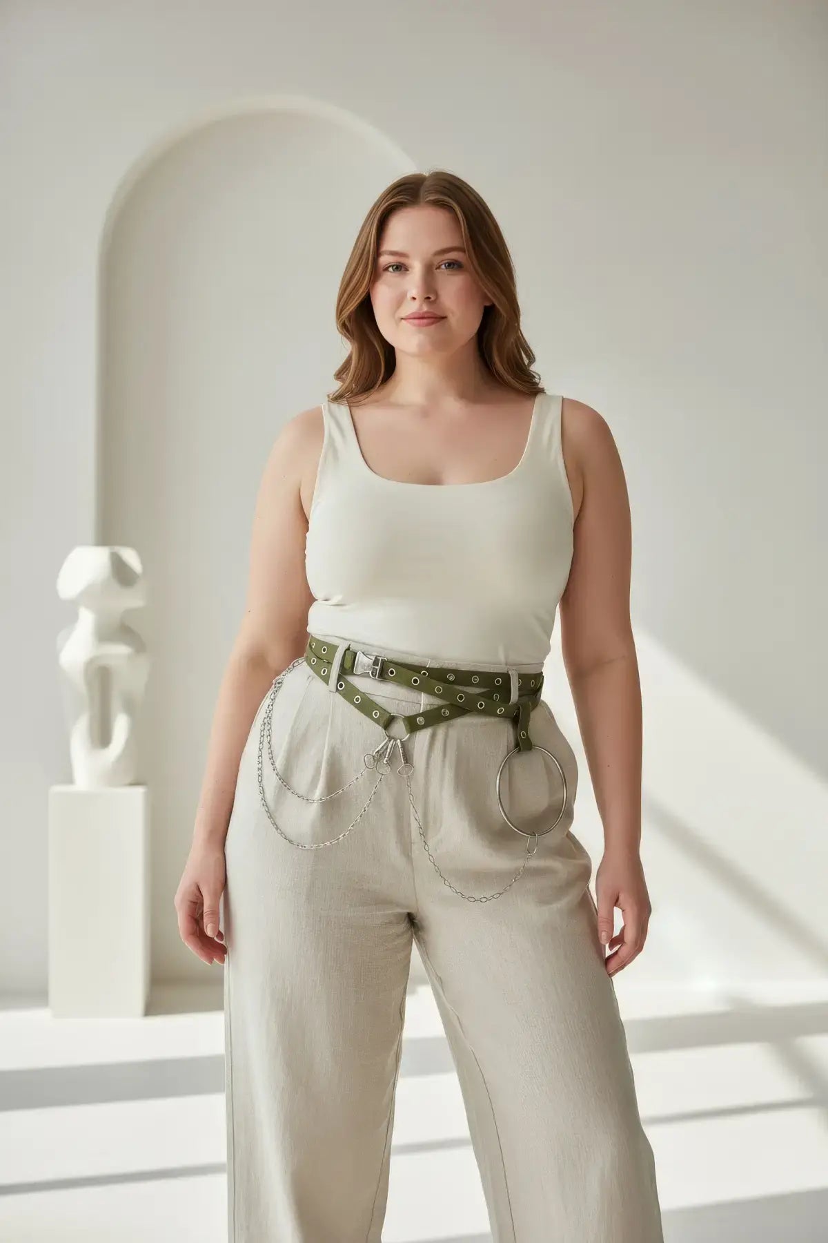 Plus-Size Khaki Double-Strap Eyelet Belt by HarnessClub with vegan leather chain and O-ring waist accents.