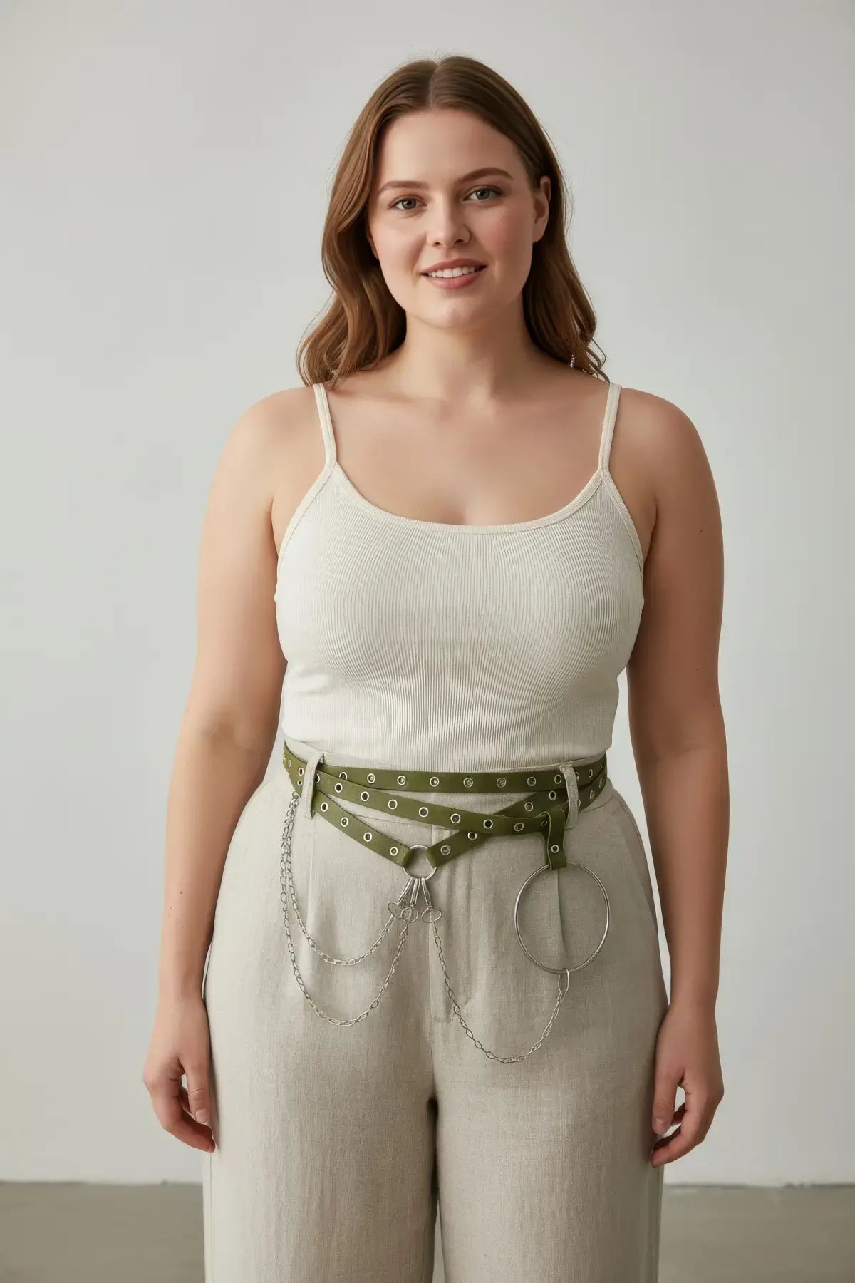 Plus Size Khaki Double Strap Eyelet Belt with vegan leather chain and O-ring waist accessory