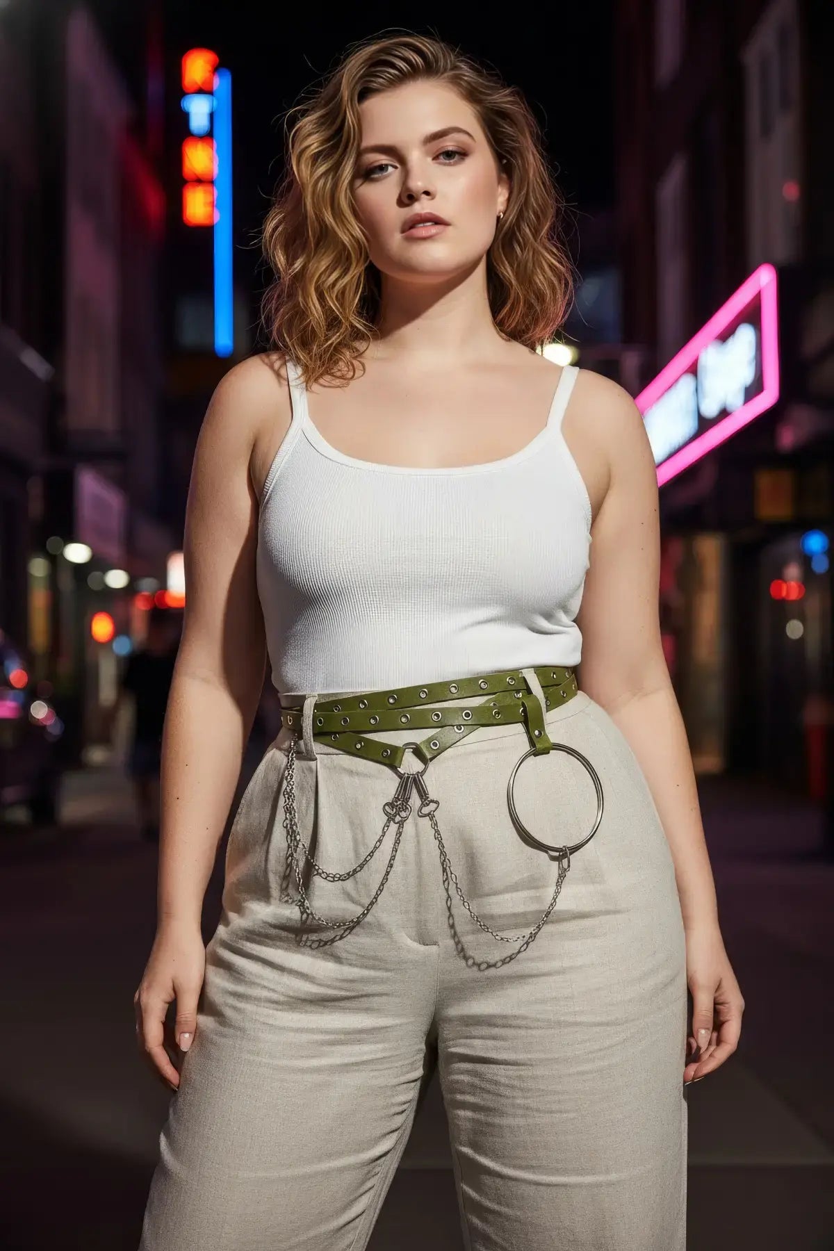 Plus size khaki double-strap eyelet belt with vegan leather, metal O-ring and chain detail.