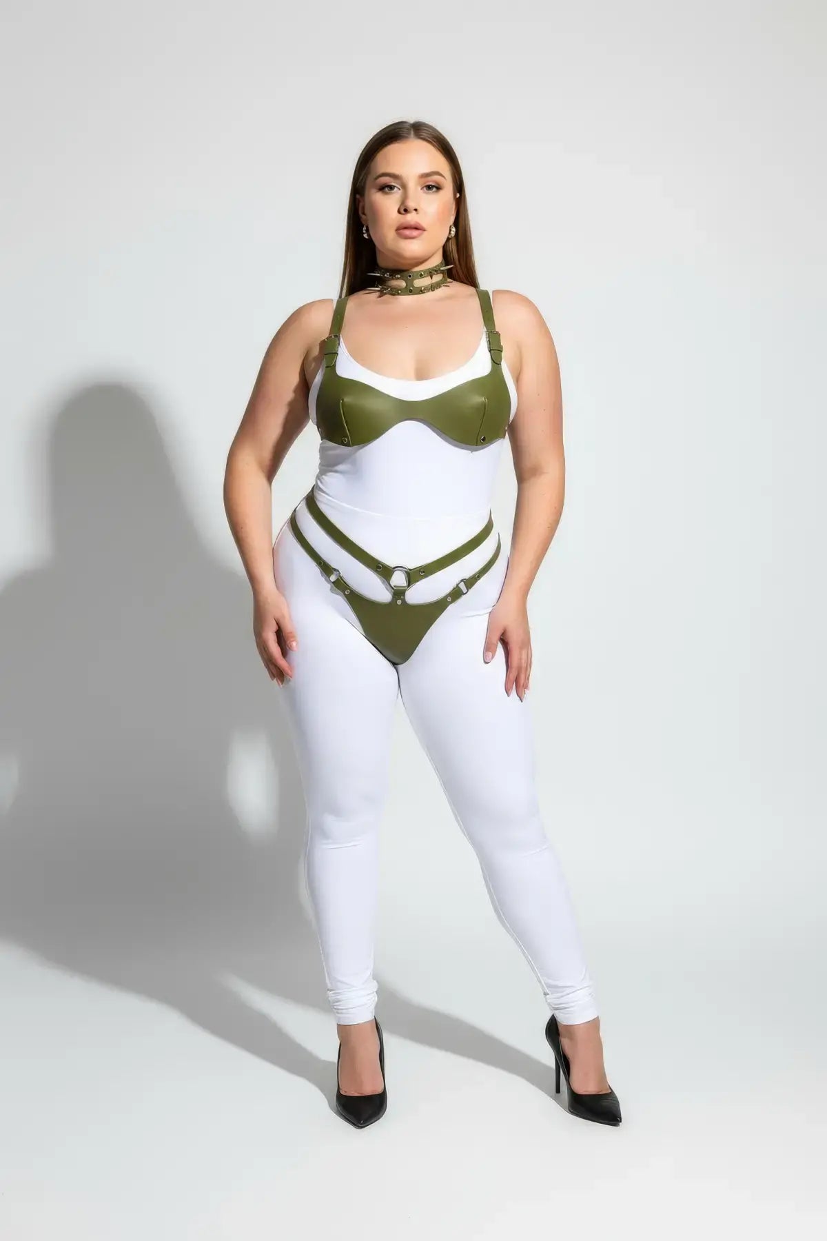 Plus-size khaki faux-leather bra harness set with O-ring, three-piece