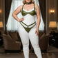Plus-size khaki faux-leather bra harness set with leash and O-ring by HarnessClub