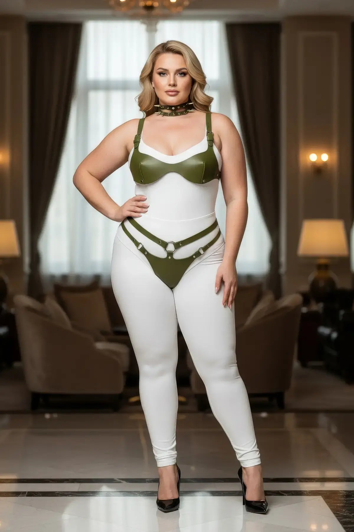 Plus-size khaki faux-leather bra harness set with leash and O-ring by HarnessClub