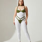 Plus-size khaki faux-leather bra harness set with leash and O-ring, 3-piece on model