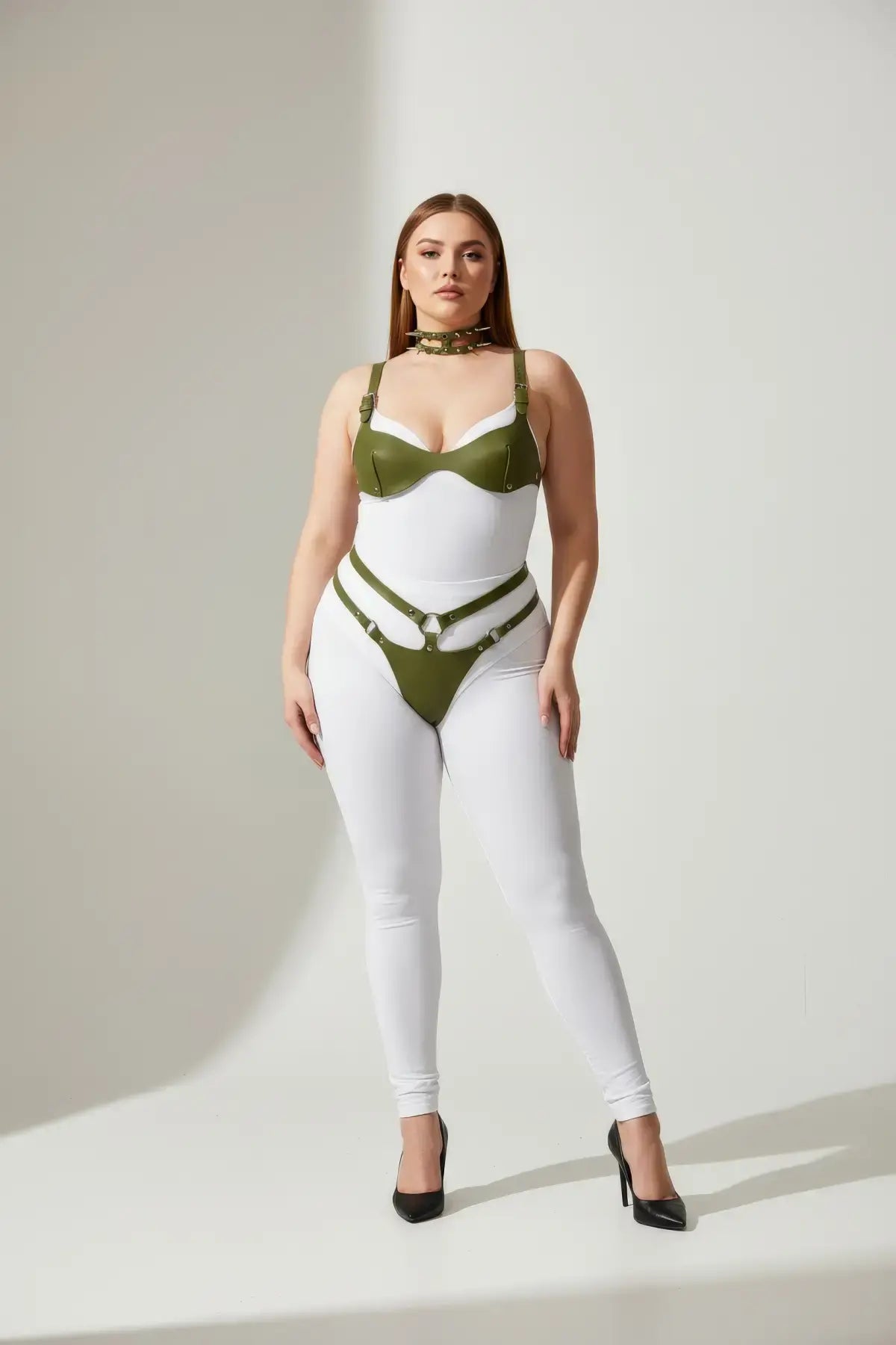 Plus-size khaki faux-leather bra harness set with leash and O-ring, 3-piece on model