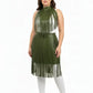 Plus-size khaki vegan-leather fringe capelet with belted long fringe skirt set