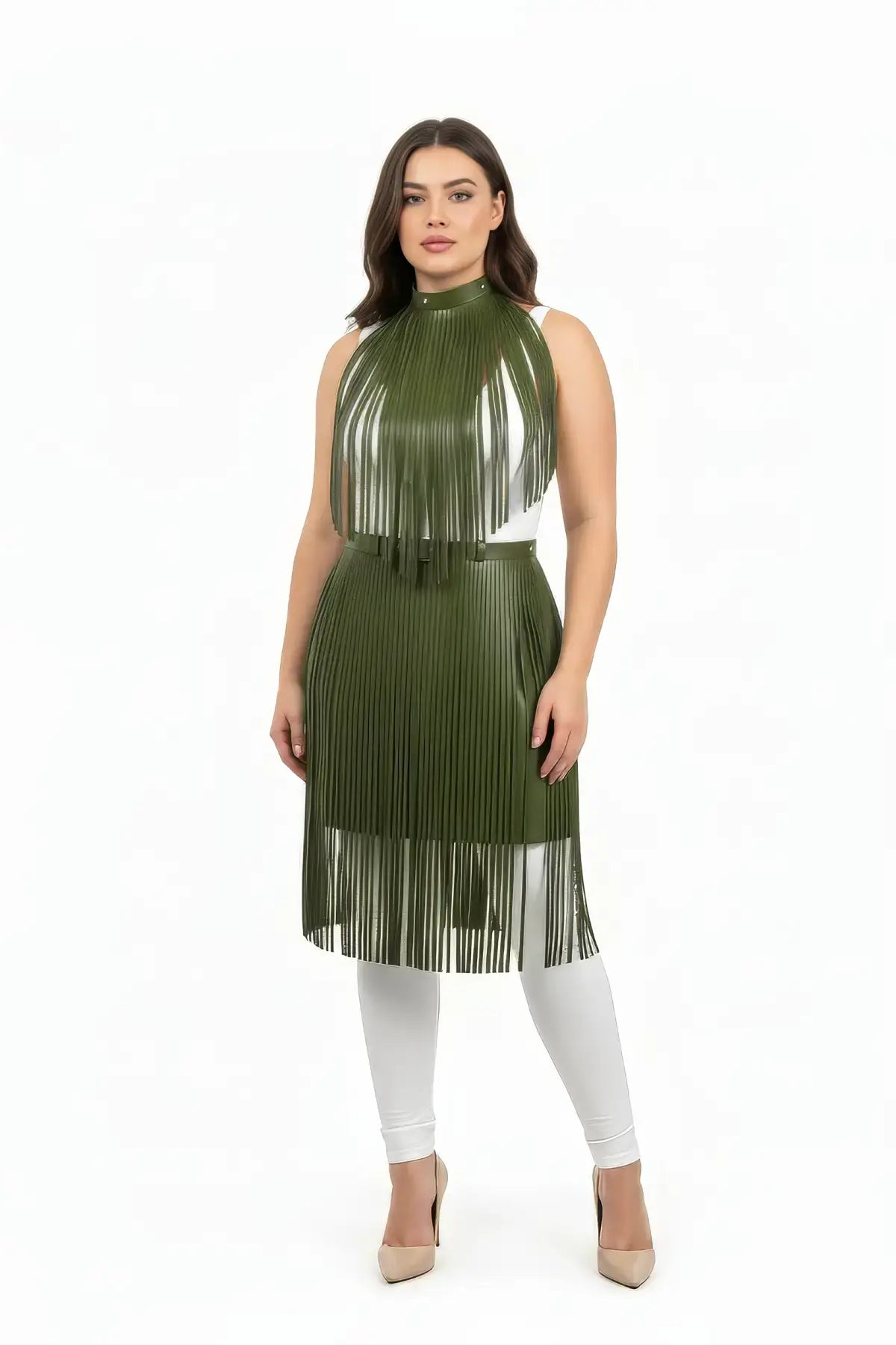 Plus-size khaki vegan-leather fringe capelet with belted long fringe skirt set