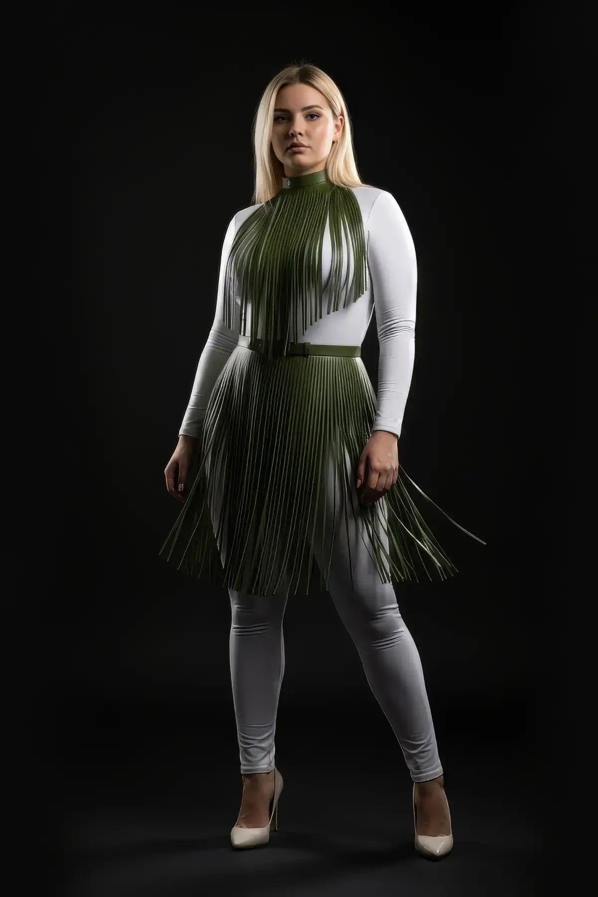 Plus Size Khaki Fringe Capelet and Belted Long Skirt set in olive vegan leather