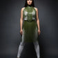 Two-piece plus-size khaki olive vegan-leather fringe capelet and belted long skirt set, HarnessClub