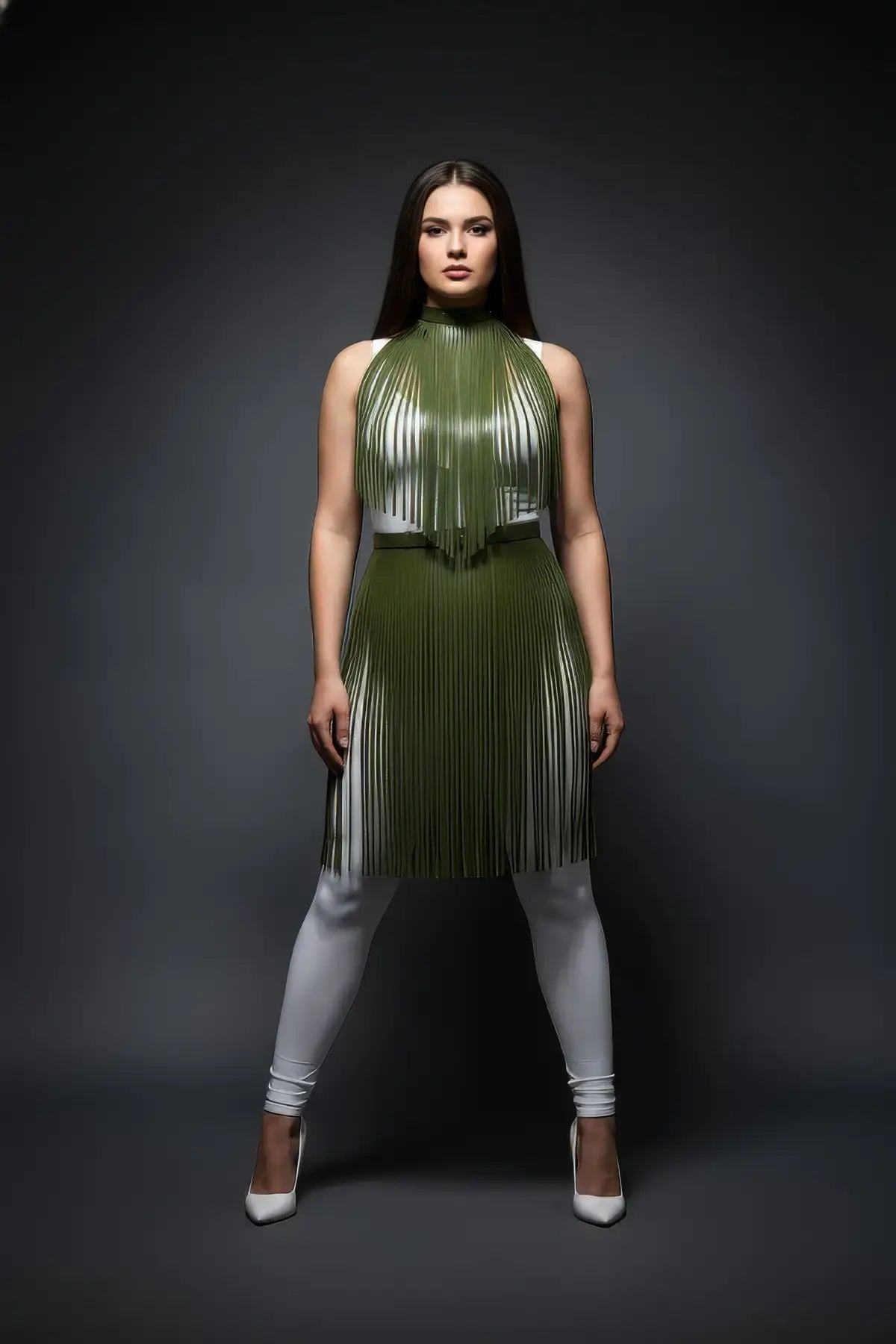 Two-piece plus-size khaki olive vegan-leather fringe capelet and belted long skirt set, HarnessClub