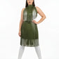 Plus-size khaki fringe capelet and belted long skirt set in vegan leather