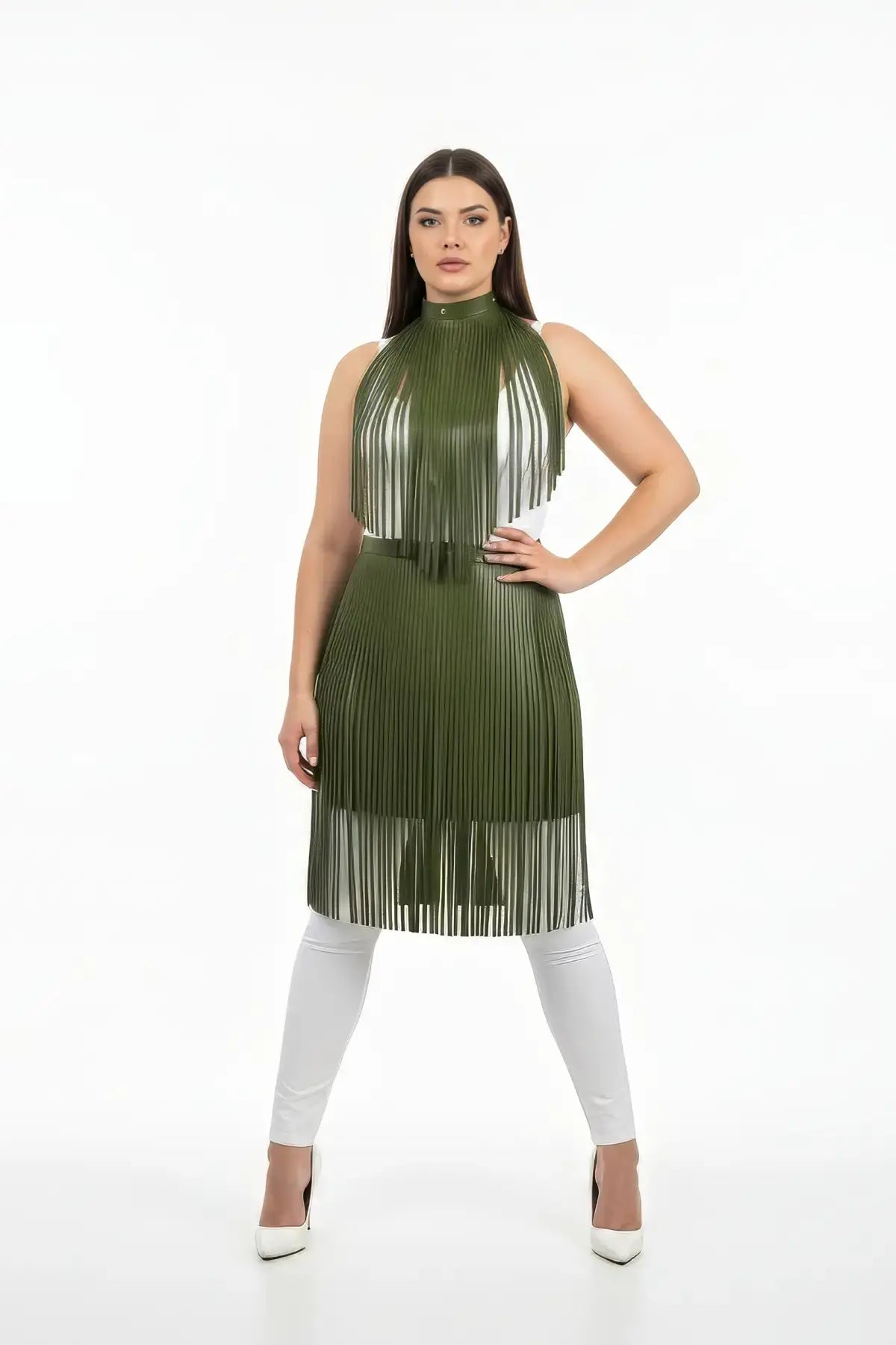 Plus-size khaki fringe capelet and belted long skirt set in vegan leather