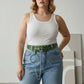 Plus-size khaki vegan-leather grommet belt with o-ring and chain detail