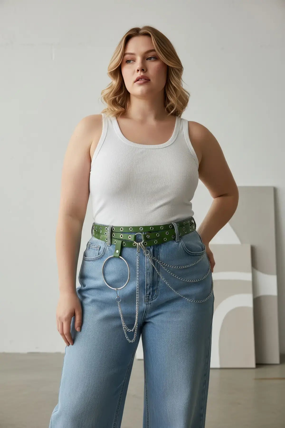 Plus-size khaki vegan-leather grommet belt with o-ring and chain detail