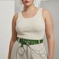 Plus-size green vegan leather grommet belt with O-ring and chain detail by HarnessClub