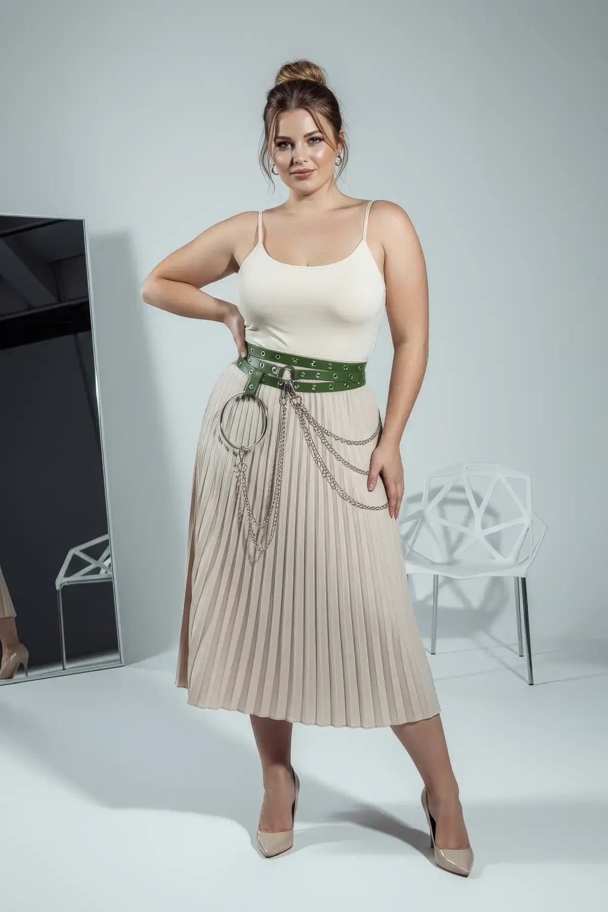 Plus Size Khaki vegan leather grommet belt with O-ring and chain detail by HarnessClub