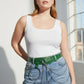 Plus-size khaki vegan leather grommet belt with O-ring and chain detail