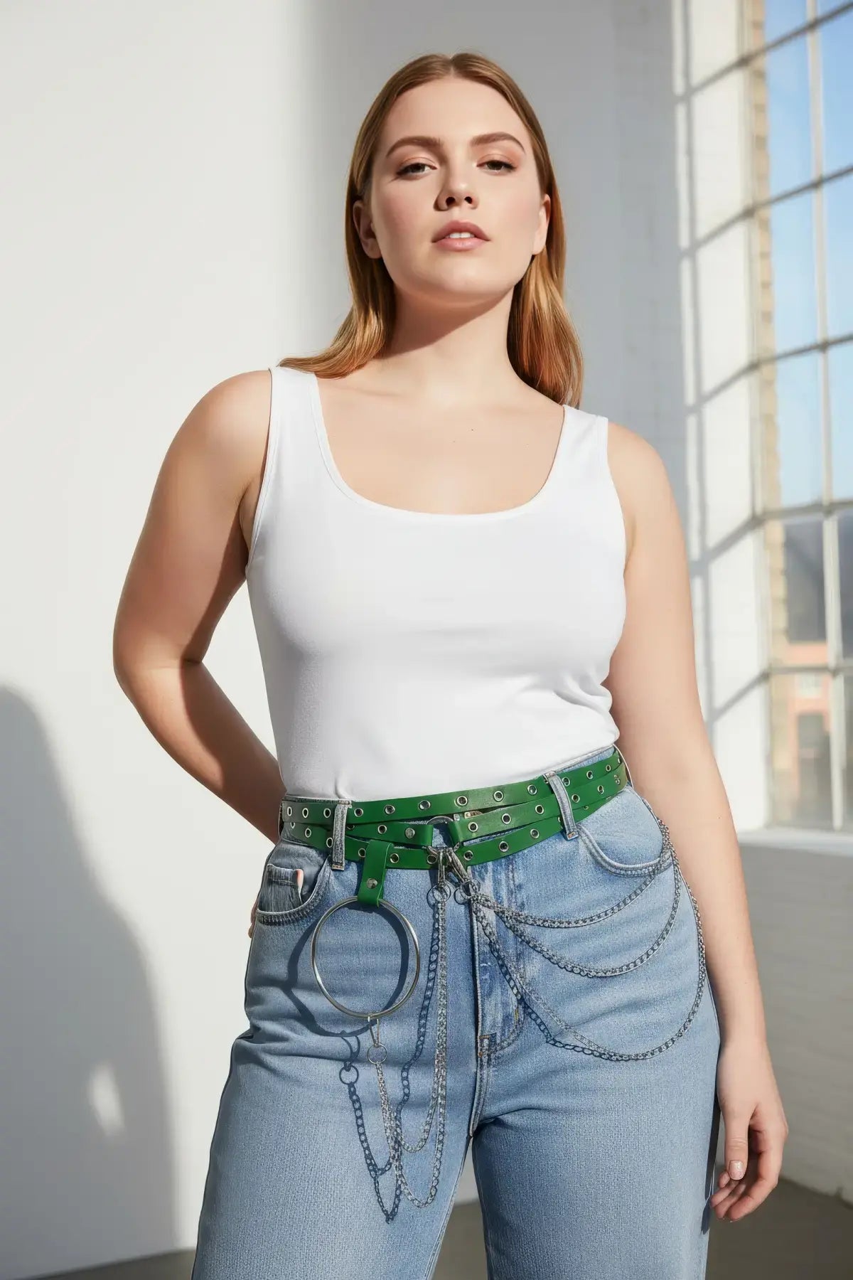 Plus-size khaki vegan leather grommet belt with O-ring and chain detail
