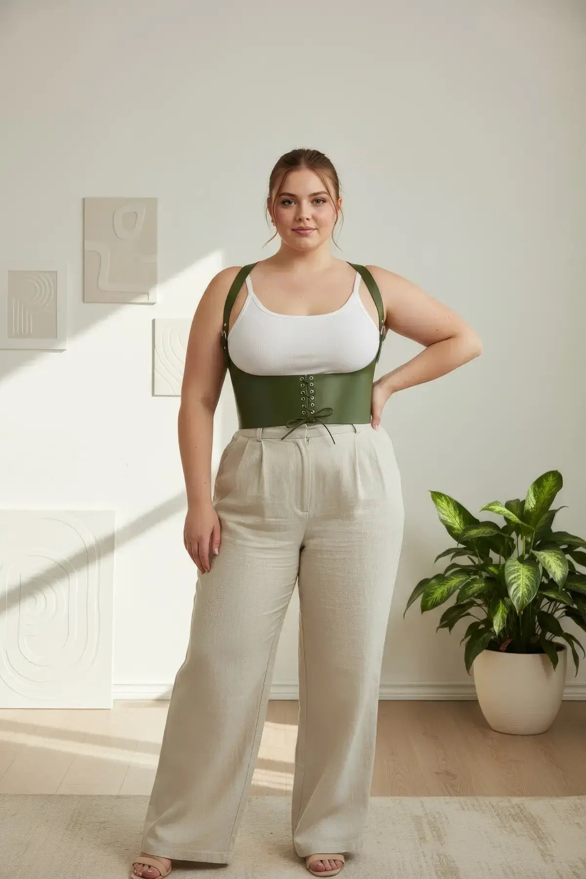 Plus-size khaki lace-up corset belt worn over a white top and beige wide-leg pants.