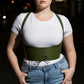 Plus size khaki lace-up corset belt worn over a white tee.