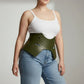 Plus Size Khaki vegan leather corset belt waist harness by HarnessClub worn by model